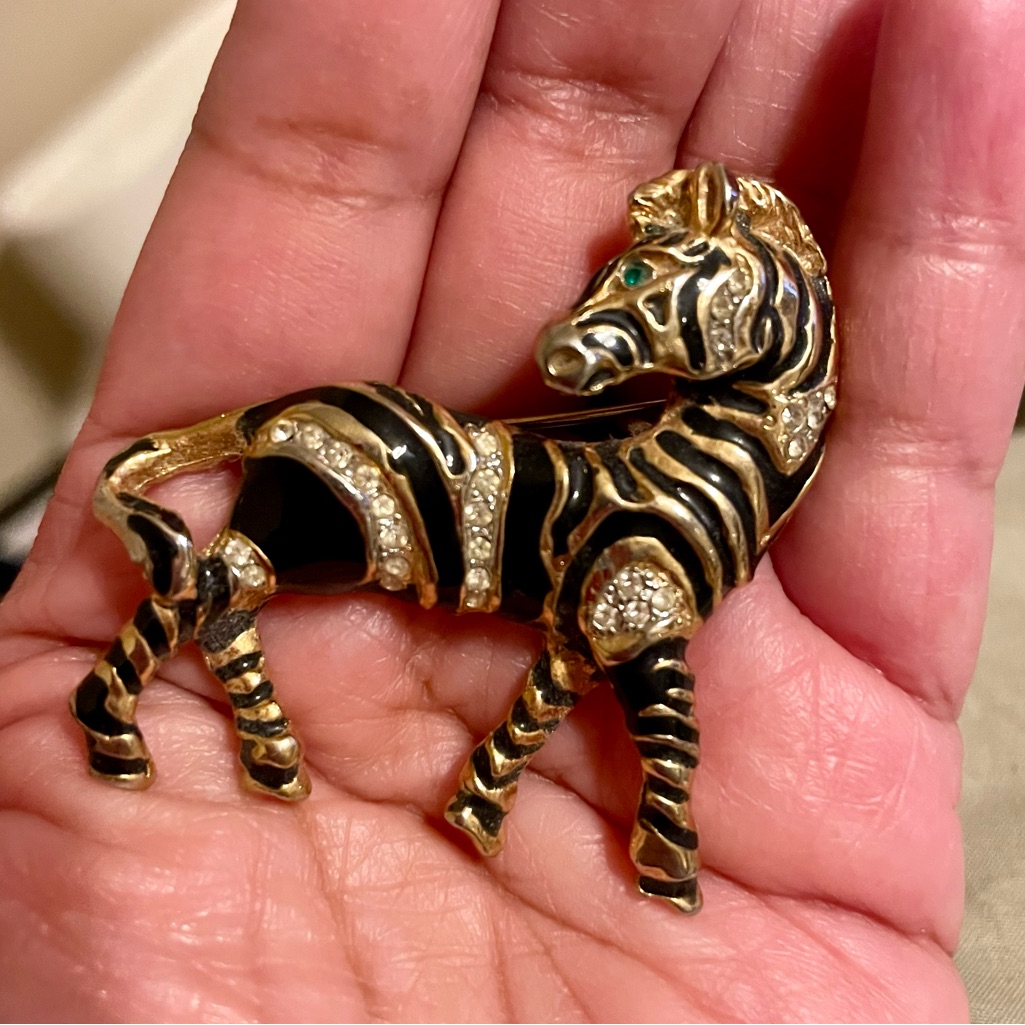 Gold-Tone Black Zebra Brooch With Rhinestones